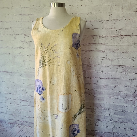 Vintage Dresses & Skirts - Vintage Sweet Jessie Yellow Botanical Print 100% Linen Tank Maxi Dress Medium